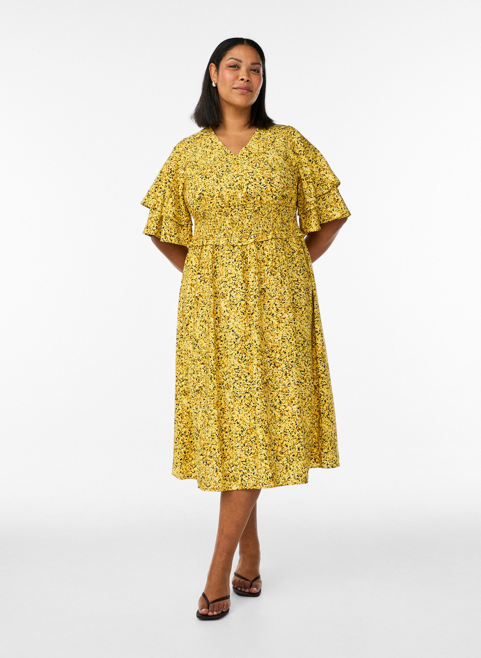 ZizziMidikleid mit Smock und R&uuml;schen&auml;rmeln, Gelb, Model image number 1