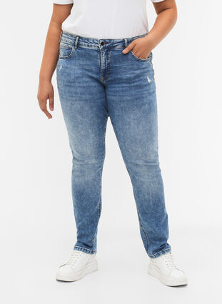 Emily Jeans mit regulärer Taille und Destroy-Effekt, Blue denim, Model image number 2