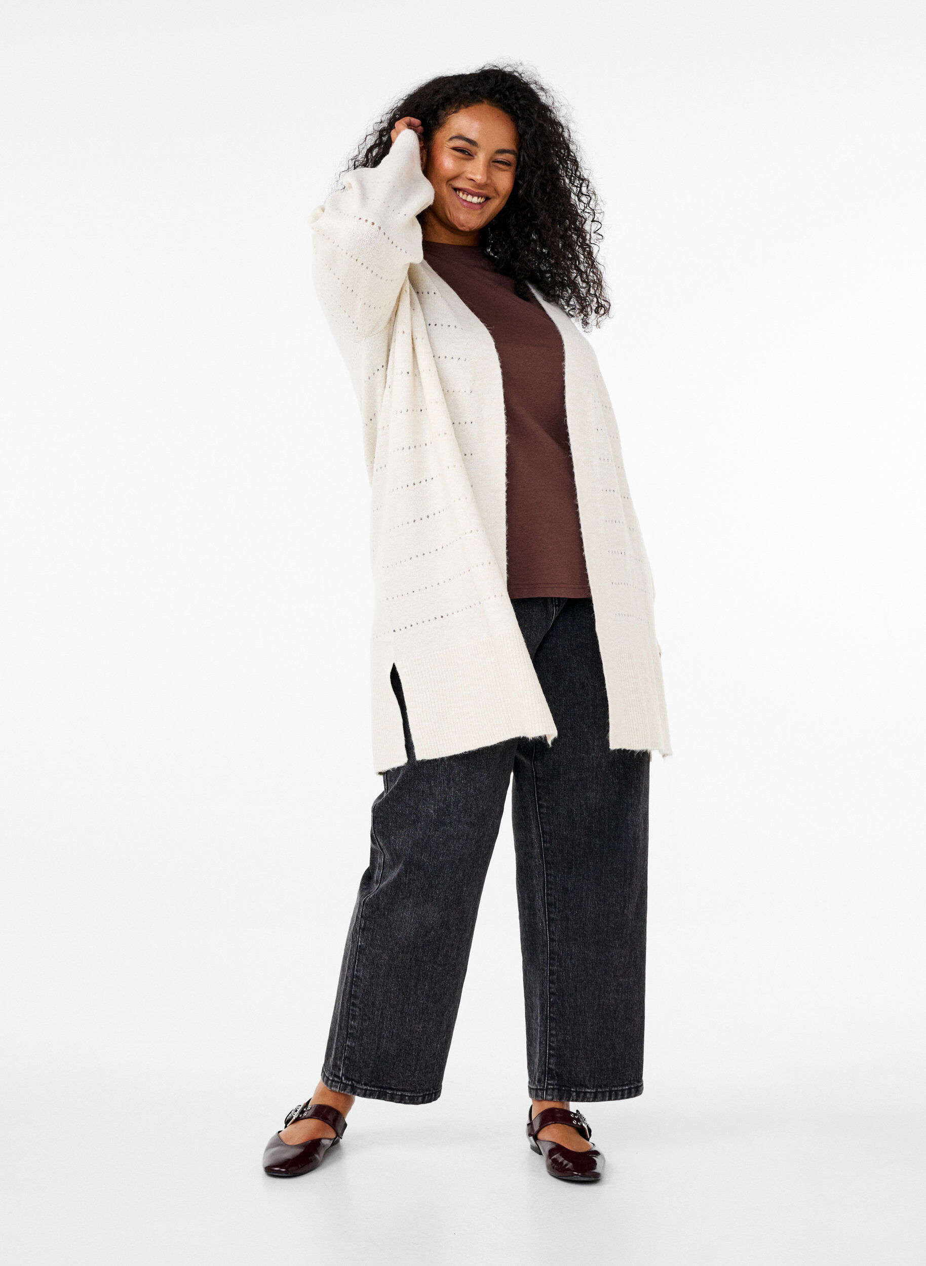 ZizziLange Strickjacke aus Strick mit Lochmuster, Birch Mel., Model image number 2