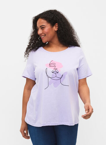 T-Shirt aus Baumwolle mit Rundhalsausschnitt und Print, Lavender FACE, Model image number 0
