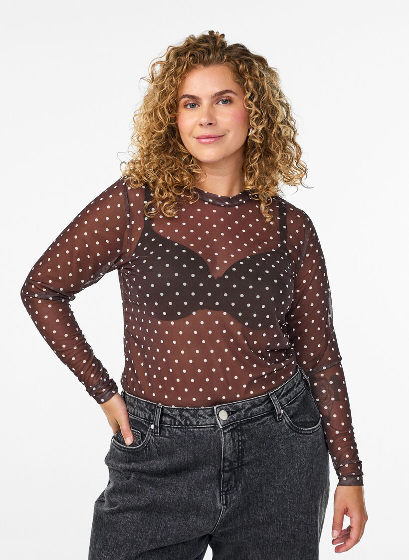 Bluse aus Mesh mit Punkten, Braun, Model image number 0