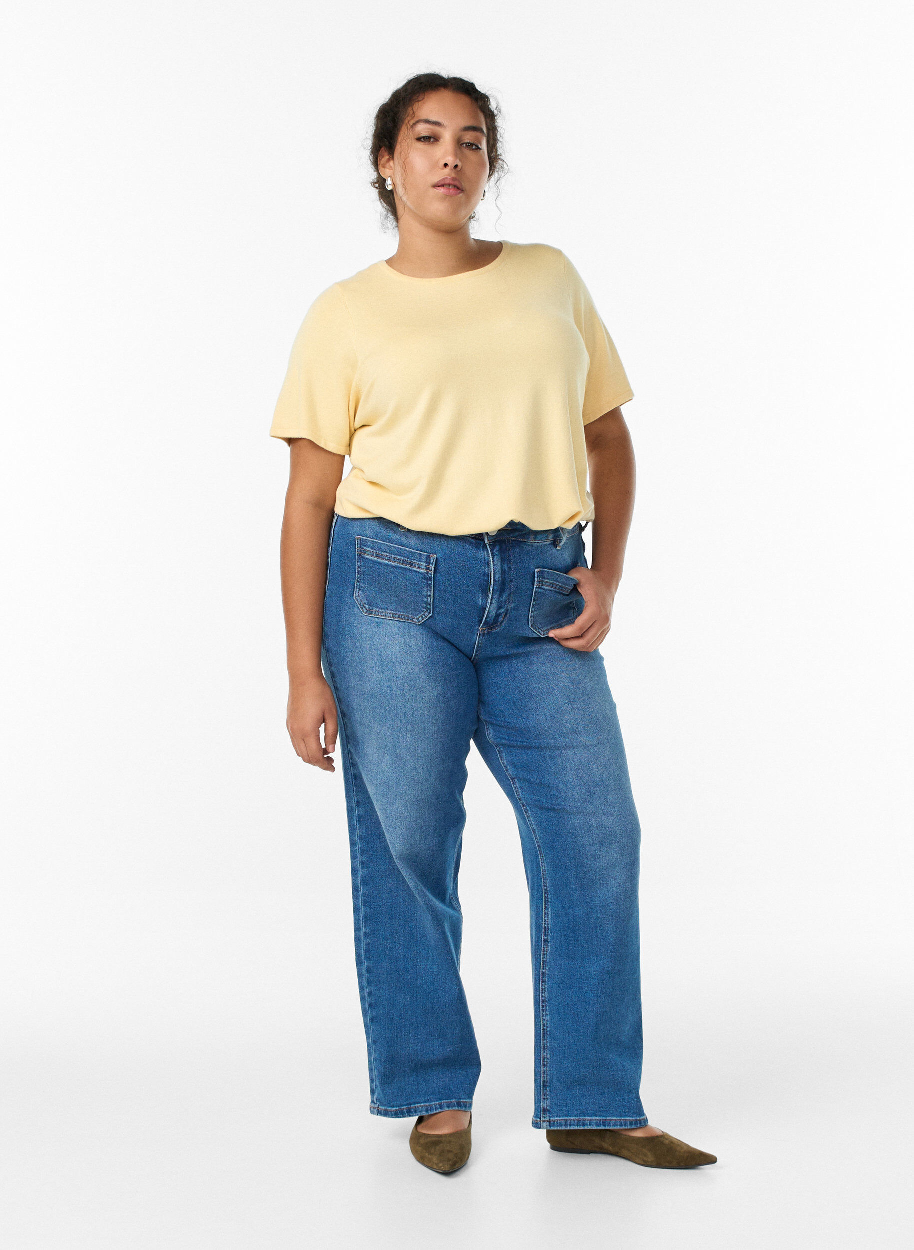 ZizziKurz&auml;rmelige Strickbluse aus Viskose, Gelb, Model image number 1