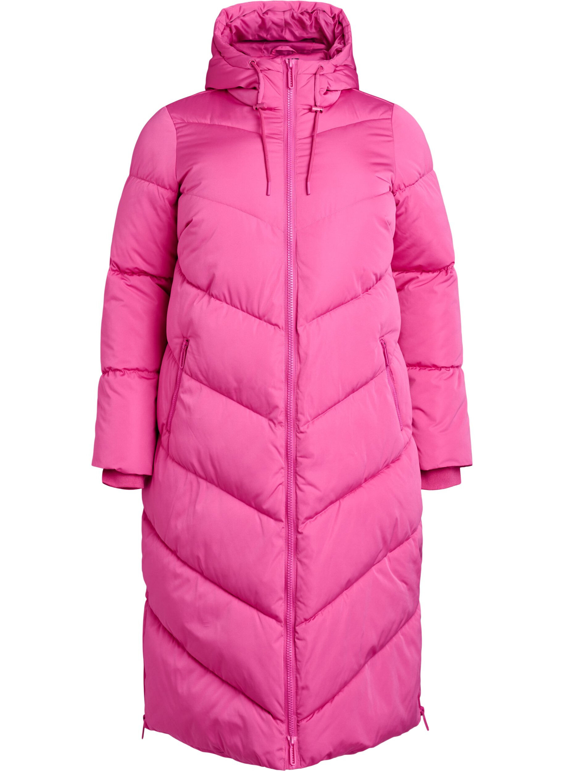 Langer Puffermantel mit Kapuze und Taschen