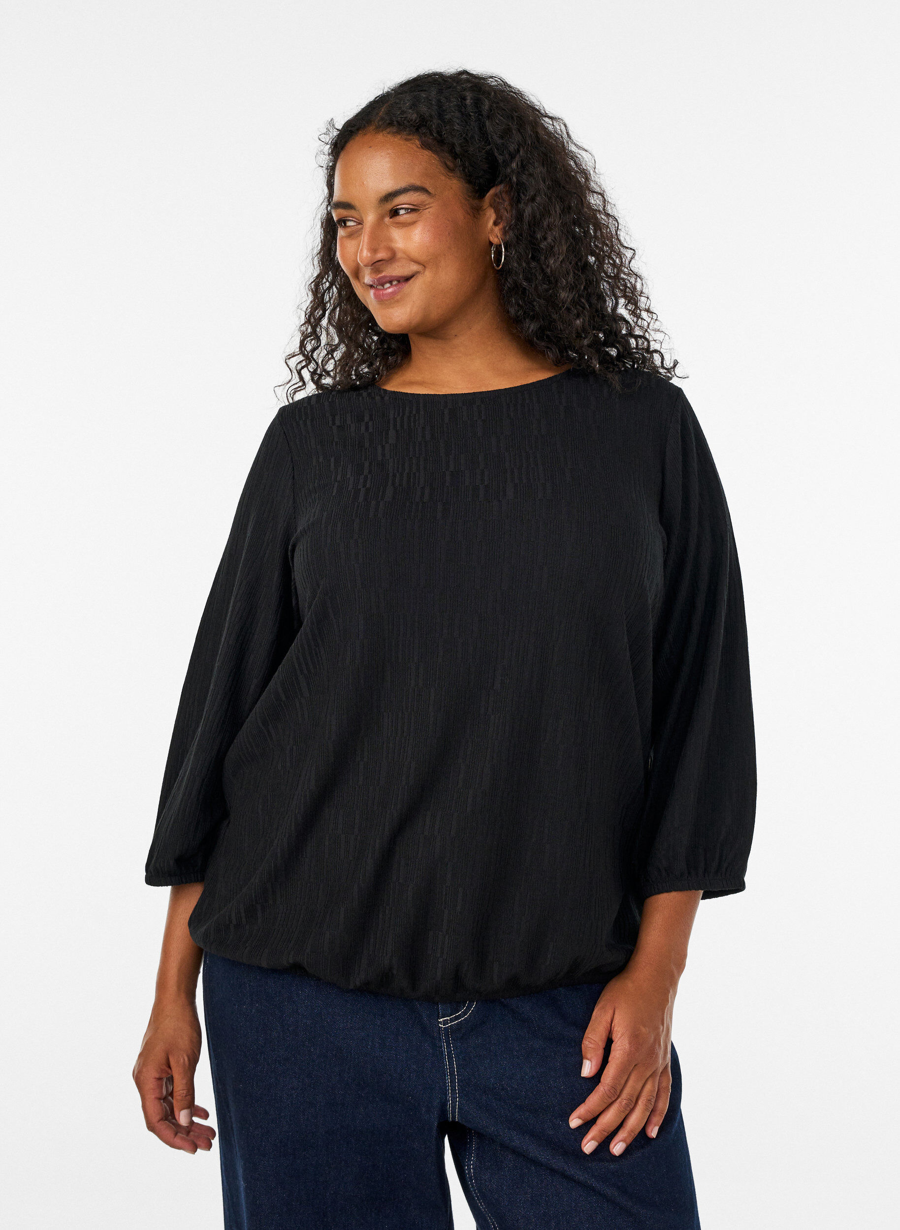 Bluse mit Struktur und 3/4-&Auml;rmeln, Schwarz, Model