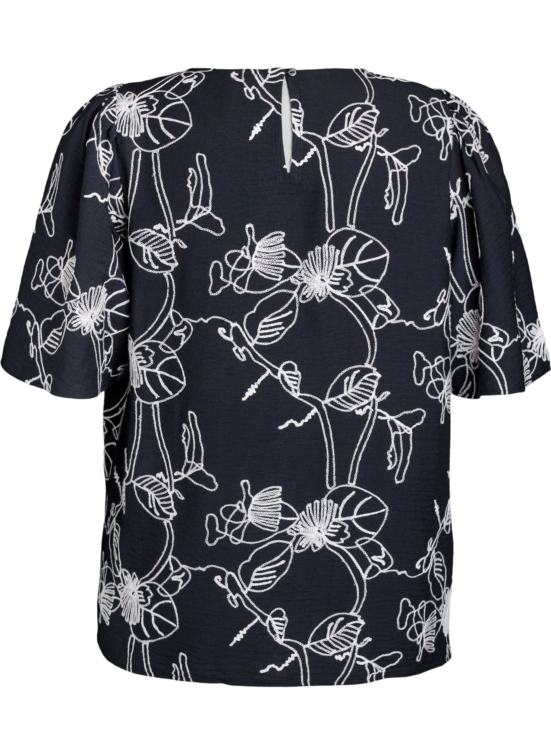 ZizziKurz&auml;rmelige Bluse mit Stickmuster, Schwarz, Packshot image number 1