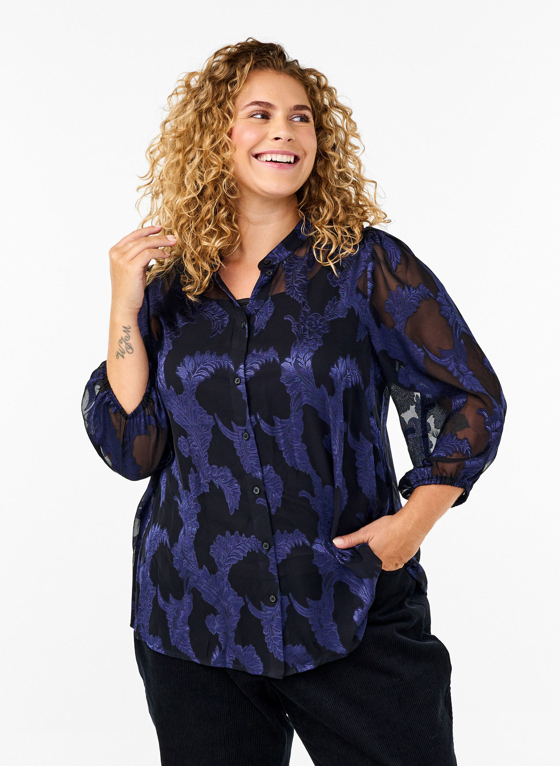 ZizziChiffonbluse mit Jacquardmuster, Evening Blue, Model image number 0