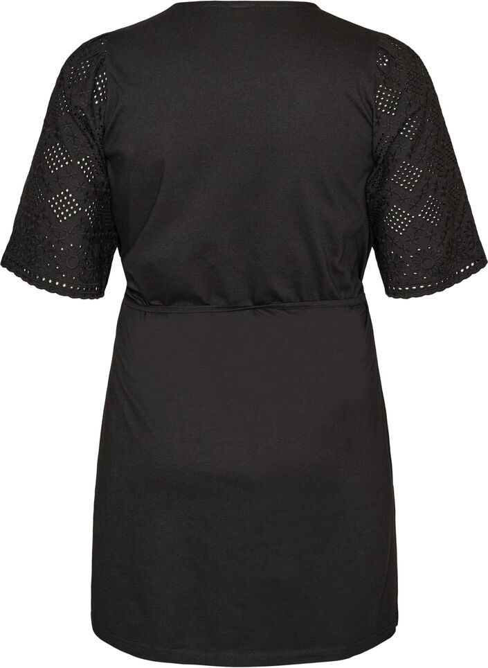 Baumwollkleid mit Broderie-Anglaise-&Auml;rmeln und Bindeg&uuml;rtel, Schwarz, Packshot image number 1