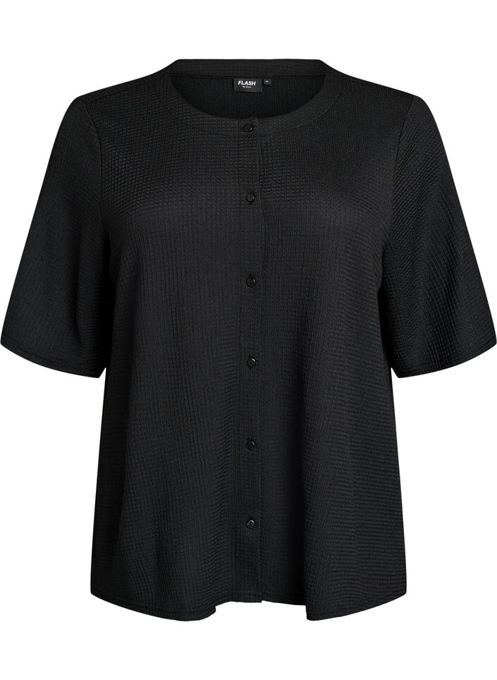 Kurz&auml;rmelige Bluse mit Struktur und Knopfleiste, Schwarz, Packshot image number 0
