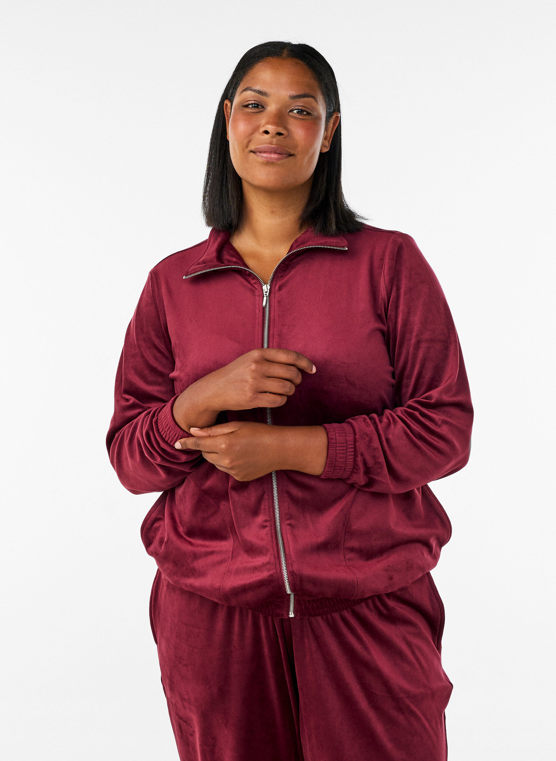 ZizziWeicher Cardigan aus Velours mit Rei&szlig;verschluss und hohem Kragen, Rot, Model image number 0