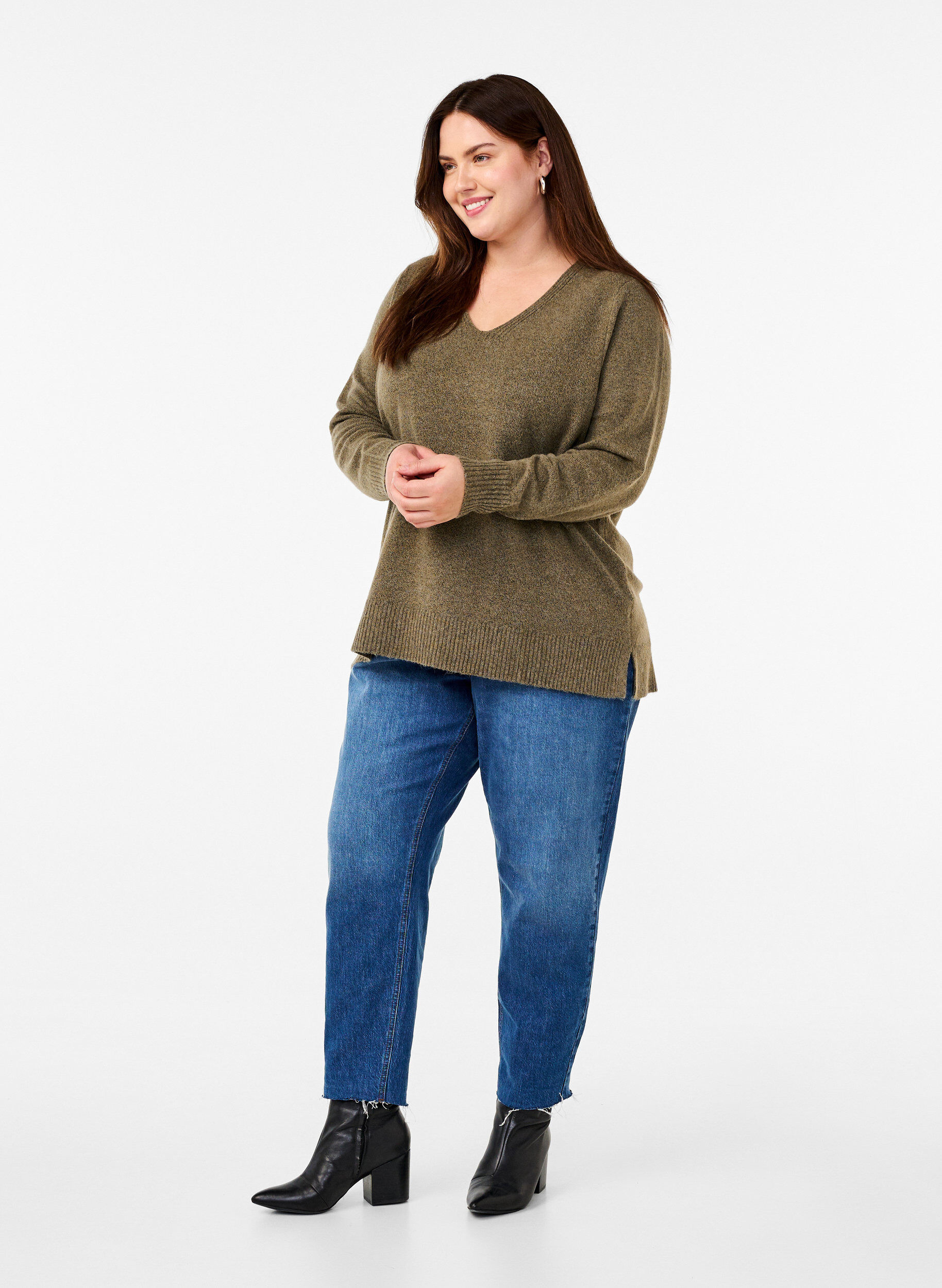 Zizzi Strickbluse mit V-Ausschnitt, Dusky G. Black Mel., Model image number 2