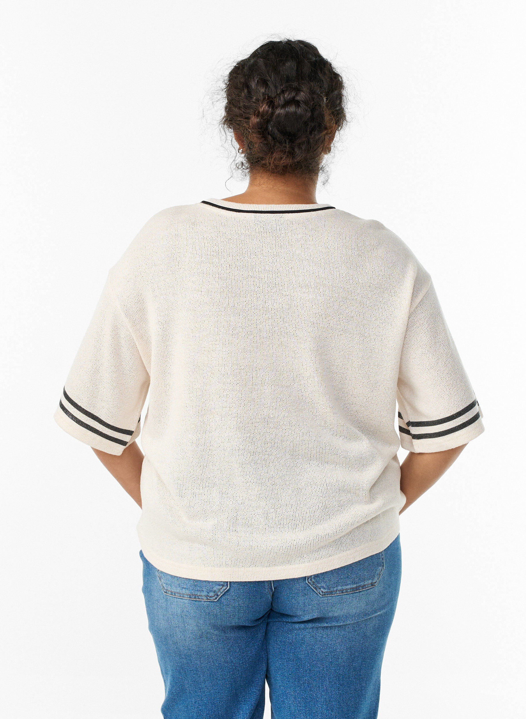 ZizziKurz&auml;rmelige Bluse mit Kontraststreifen, Beige, Model image number 2