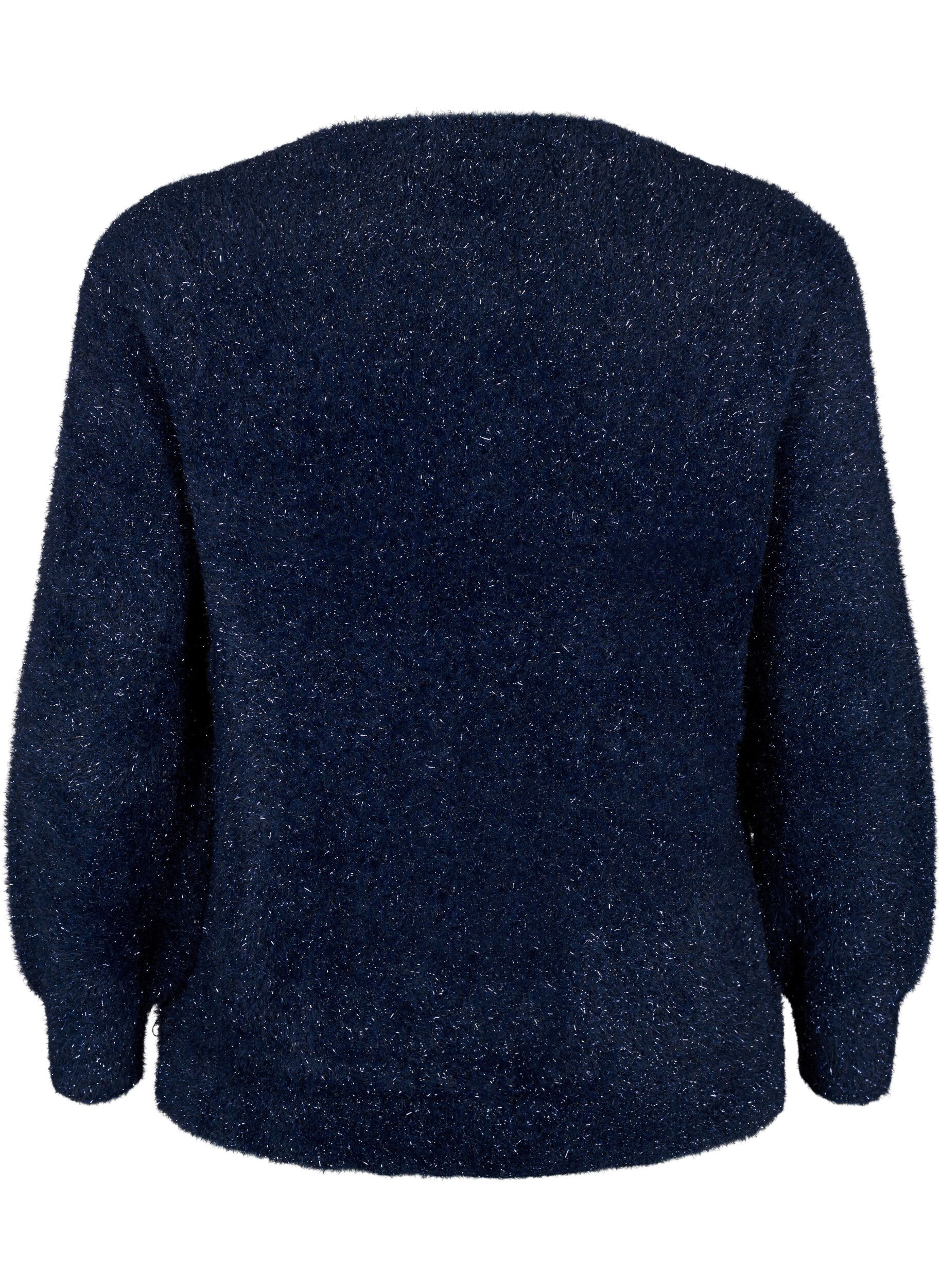 Zizzi Strickbluse mit Glitzerfaden, Blau, Packshot image number 1