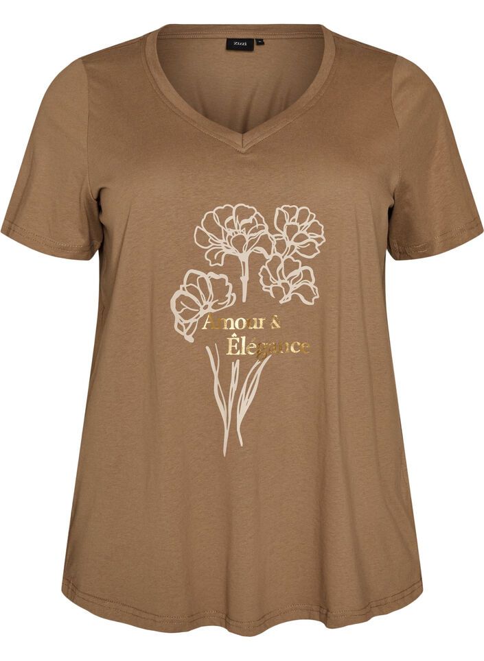 T-Shirt aus Baumwolle mit Frontprint und V-Ausschnitt, Braun, Packshot image number 0
