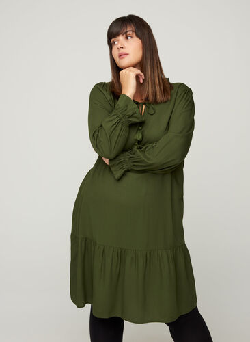 Viskose Kleid mit Schleifendetail, Rifle Green, Model image number 0
