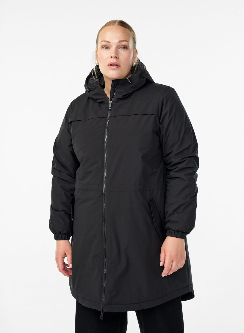 Leichter gepolsterter Parka mit Kapuze, Schwarz, Model image number 0