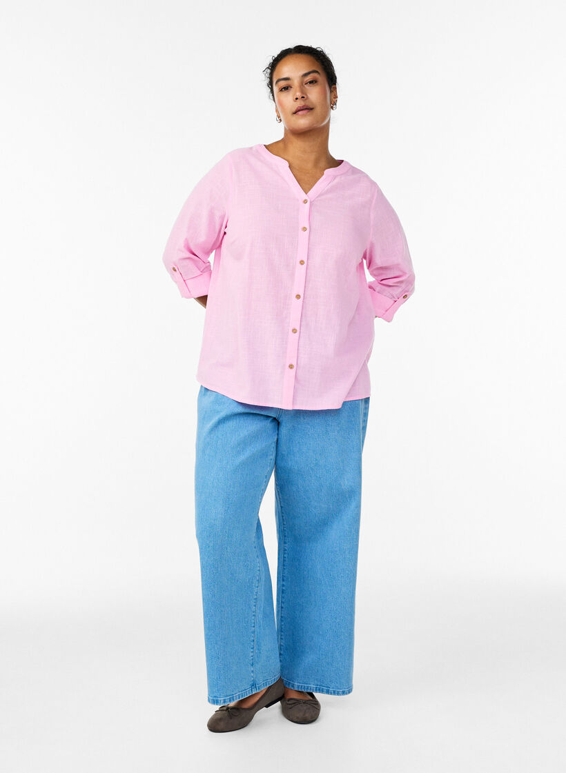 Hemdbluse aus Baumwolle mit V-Ausschnitt, Pink, Model image number 1