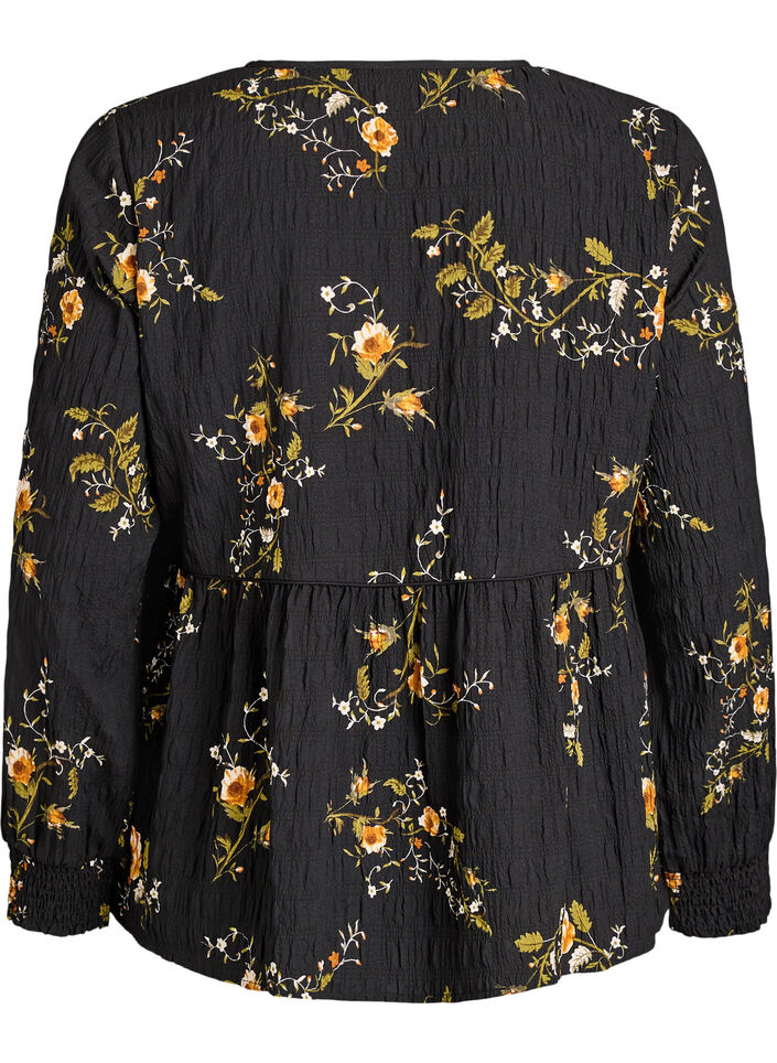 Lang&auml;rmelige Bluse mit gebl&uuml;mtem Muster, Schwarz, Packshot image number 1