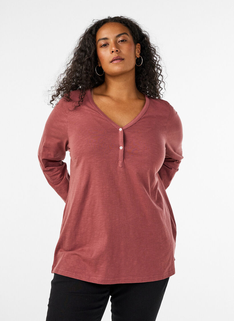 Langarmshirt mit V-Ausschnitt und Kn&ouml;pfen, Braun, Model image number 0