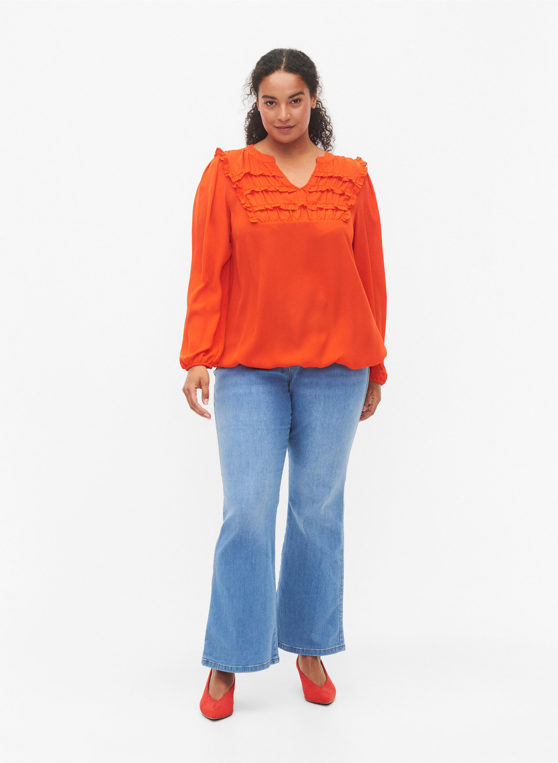 ZizziLang&auml;rmlige Bluse mit R&uuml;schendetails, Orange.com, Model image number 3