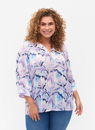 Bluse mit Print und 3/4-Ärmeln, Blue Lilac AOP, Model image number 0