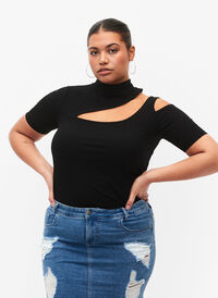 Kurzärmelige Bluse mit Cut-Out, Black, Model