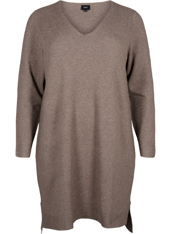 Strickkleid mit Schlitz, Walnut/White, Packshot image number 0