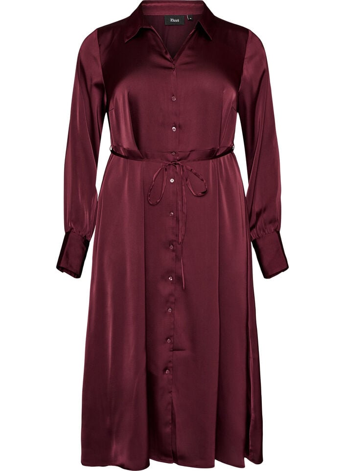 Hemdblusenkleid aus Satin mit einem Bindeg&uuml;rtel, Rot, Packshot image number 0