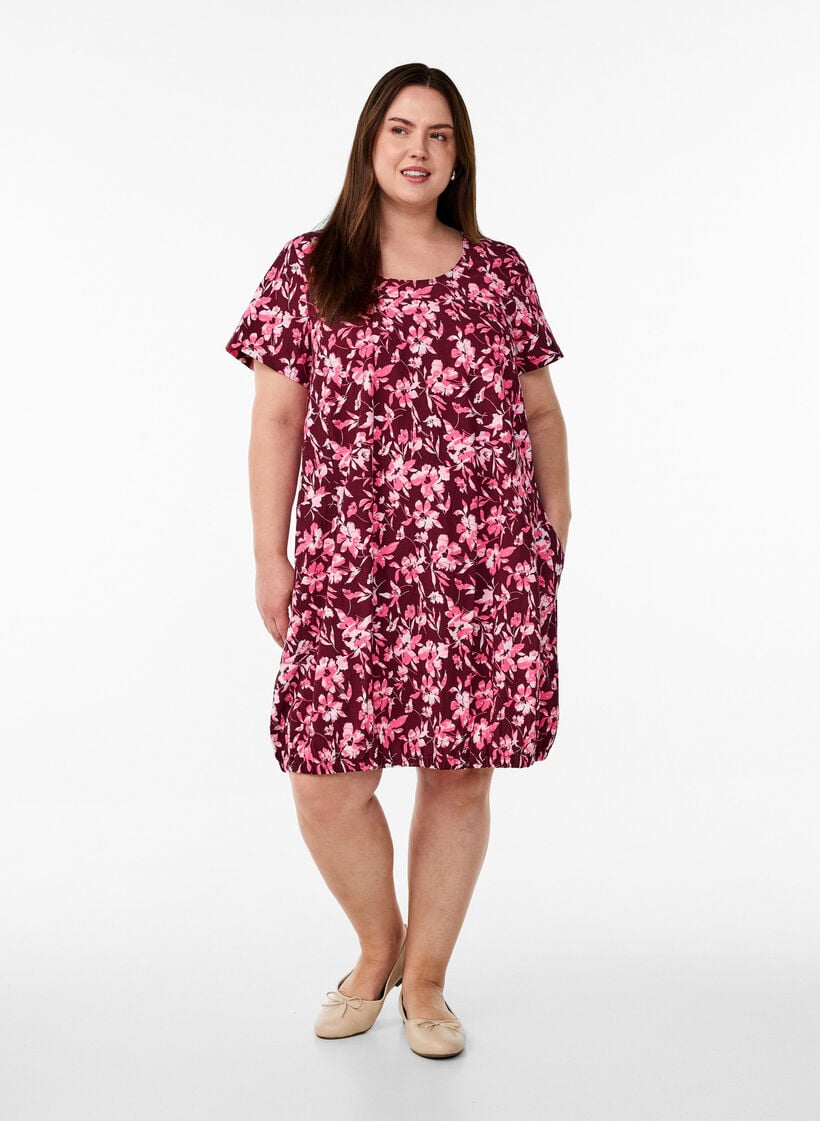 Kurz&auml;rmliges Baumwollkleid mit Aufdruck, Dunkles Bordeaux, Model image number 1