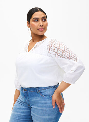 Bluse aus Baumwollmischung mit Leinen und Häkeldetails, Bright White, Model image number 0