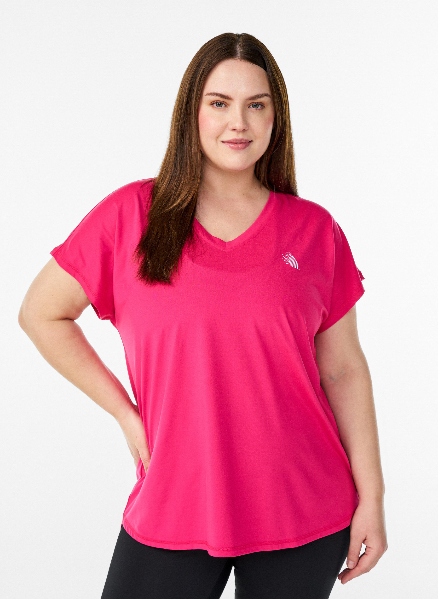 Kurzarm Trainingsshirt mit V-Ausschnitt, Pink, Model