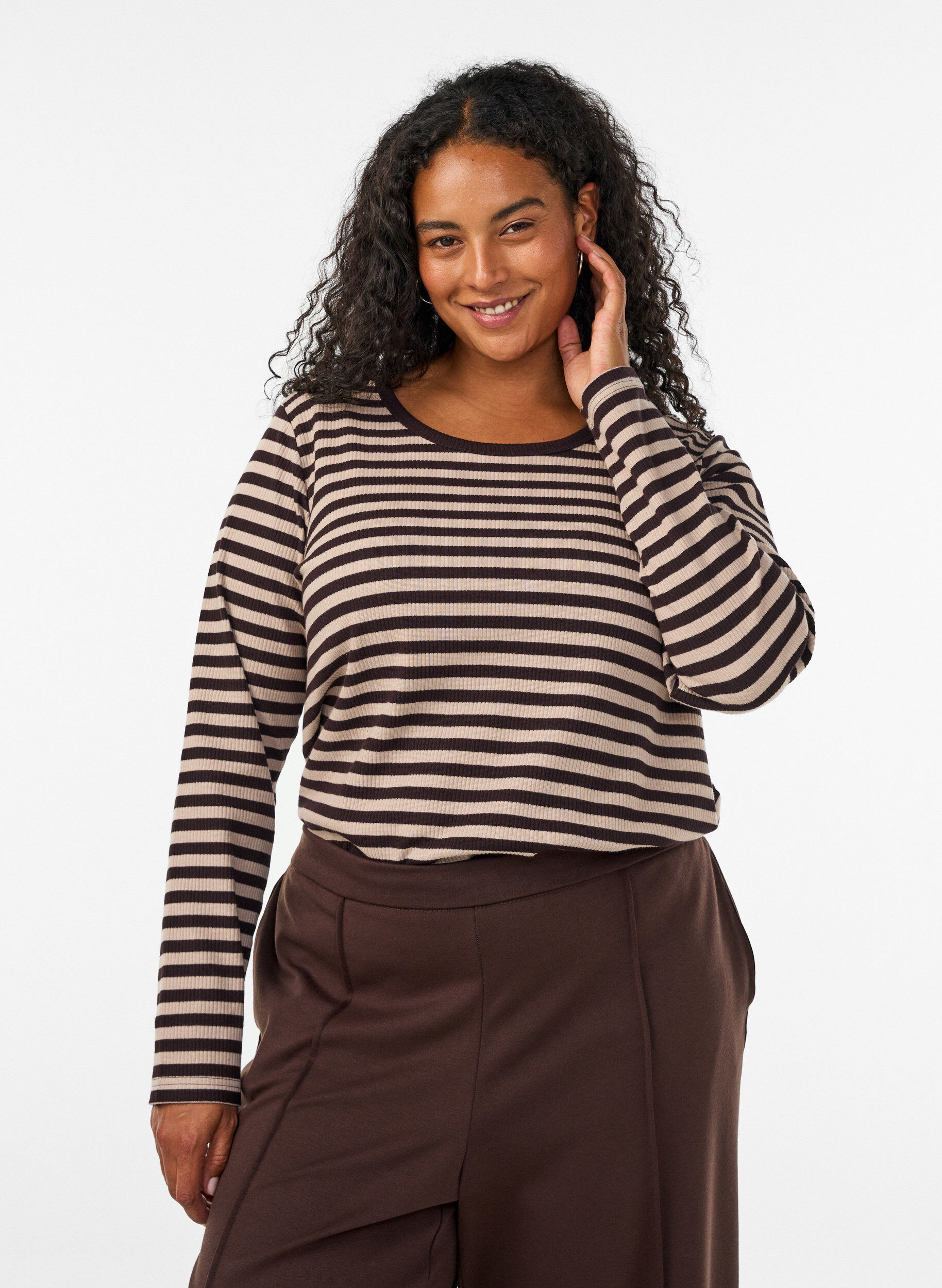 ZizziGestreifte Bluse mit langen &Auml;rmeln, Braun, Model image number 0