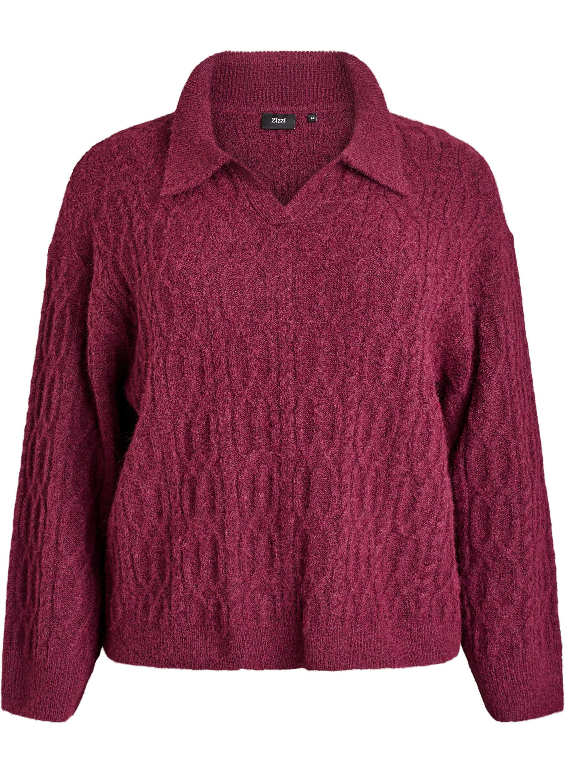 ZizziZopfmusterpullover mit Polokragen, Dunkles Bordeaux, Packshot image number 0
