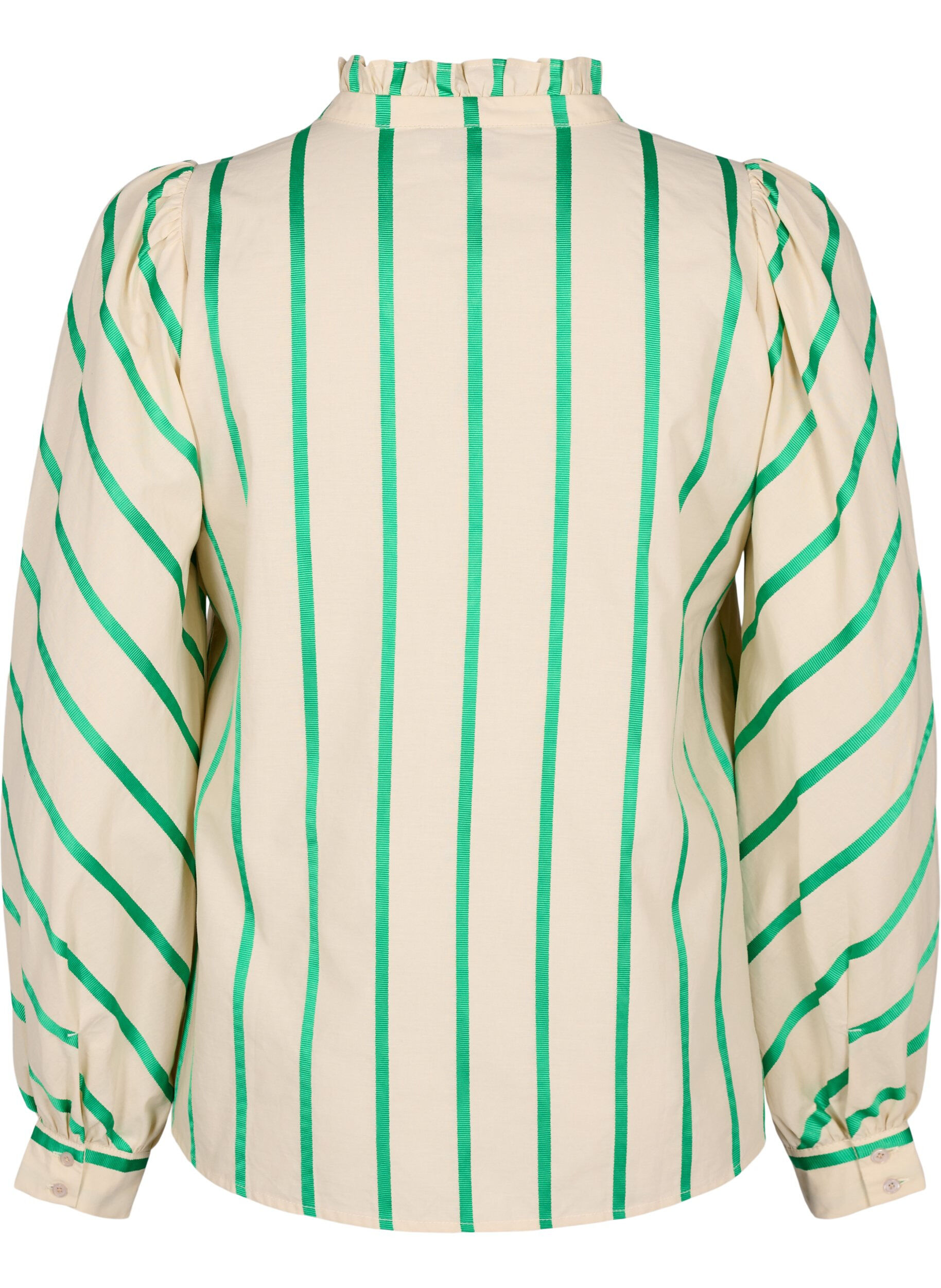 ZizziGestreifte Hemdbluse aus Baumwolle mit R&uuml;schenkragen, Beige Green Stripe, Packshot image number 1