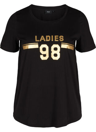 T-Shirt aus Baumwolle mit Aufdruck auf der Brust, Black LADIES 98, Packshot image number 0