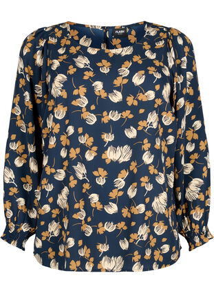 FLASH - Langärmelige Bluse gesmokt und bedruckt, Navy Brown Flower, Packshot image number 0