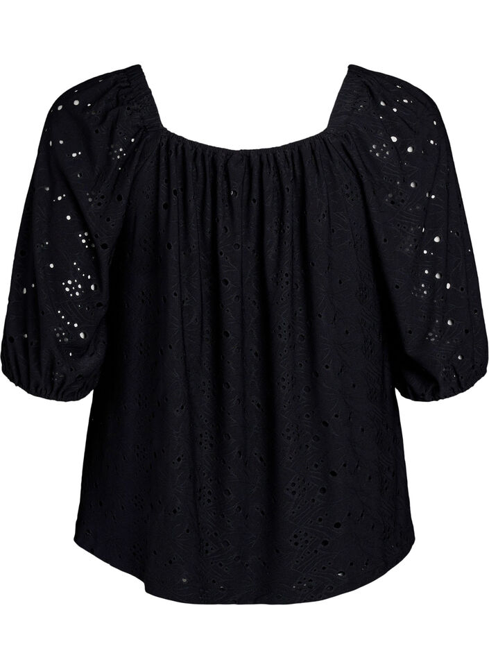 Bluse mit kurzen Puff&auml;rmeln und Lochmuster, Schwarz, Packshot image number 1