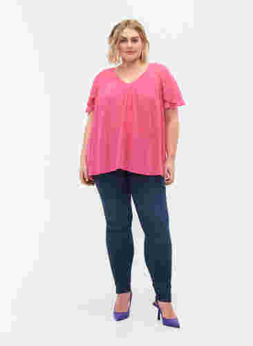 Einfarbige Bluse mit Fledermausärmeln und V-Ausschnitt, Shocking Pink, Model image number 2