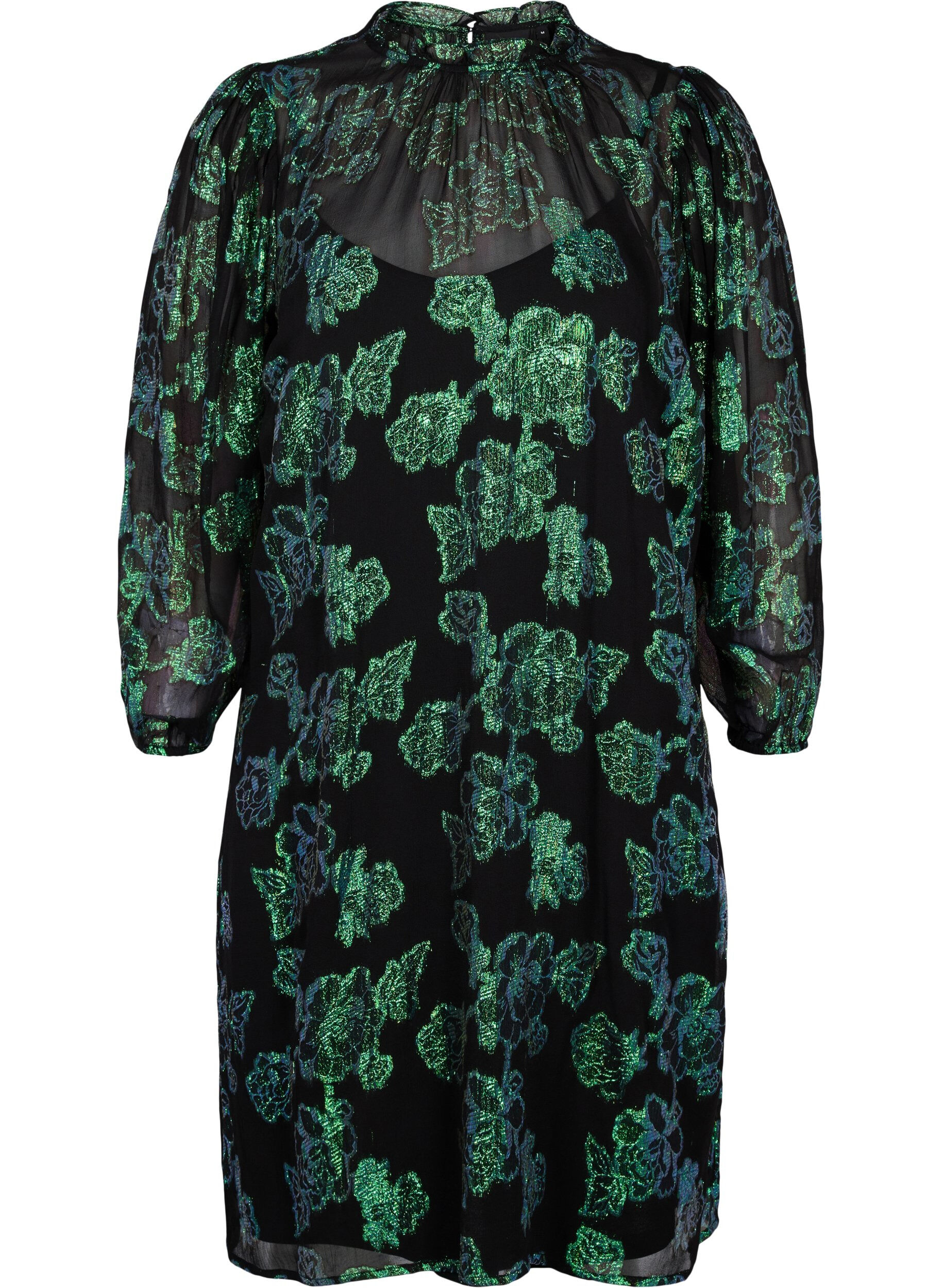 ZizziGebl&uuml;mtes Viskosekleid mit Lurexstruktur, Black w. Green Lurex, Packshot image number 0