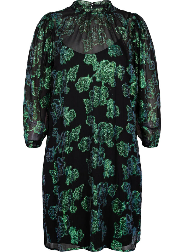 Gebl&uuml;mtes Viskosekleid mit Lurexstruktur, Black w. Green Lurex, Packshot image number 0