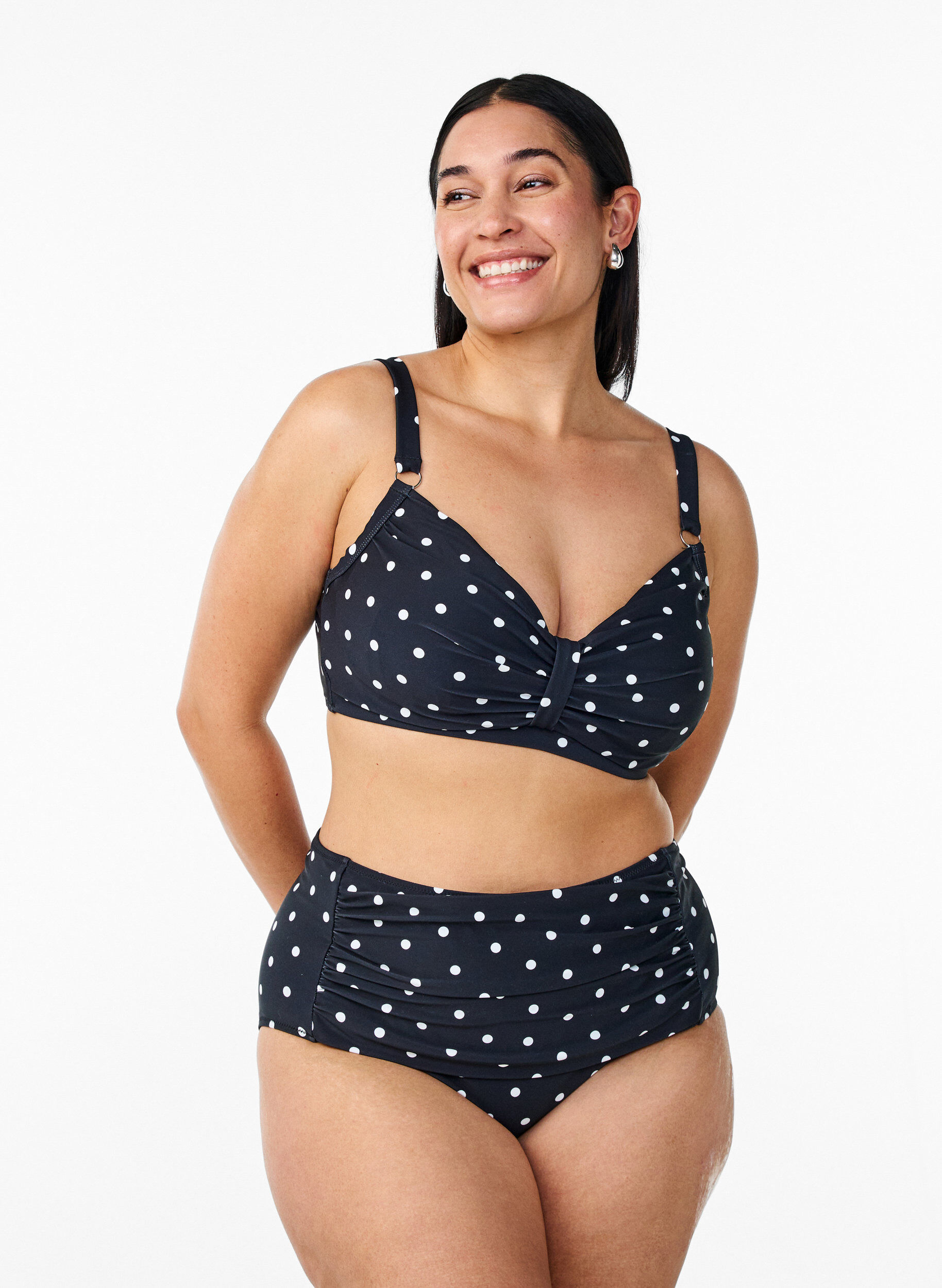 ZizziHoch taillierte Bikinihose mit Polka Dots, Schwarz, Model image number 0