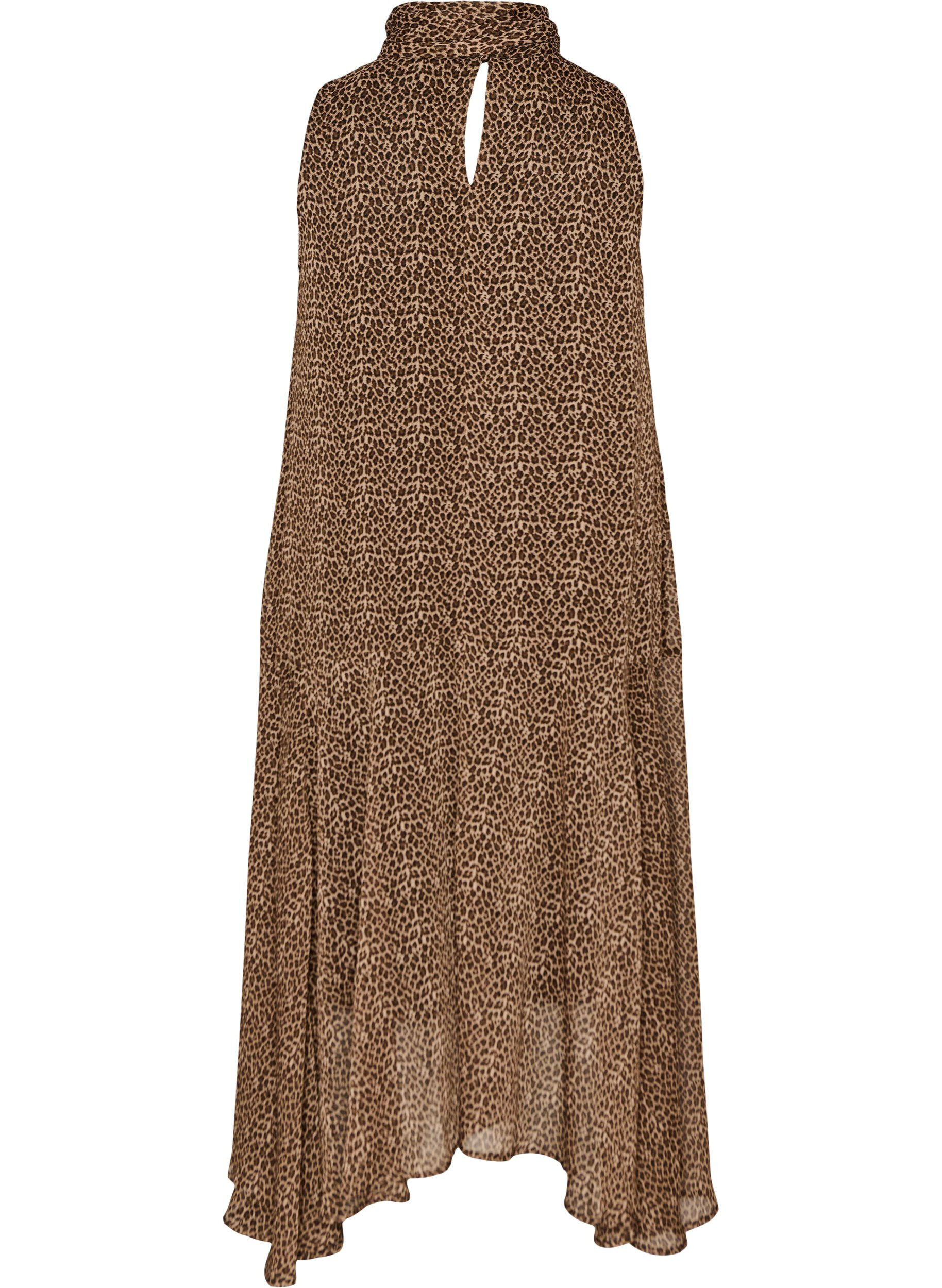ZizziMidikleid aus Chiffon mit Leo-Print und Bindeband in der Taille, Braun, Packshot image number 1