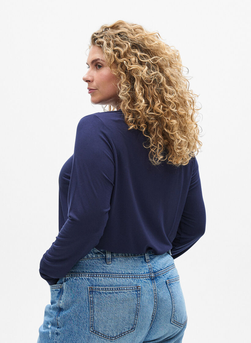 Einfarbige Bluse mit langen &Auml;rmeln, Blau, Model image number 2