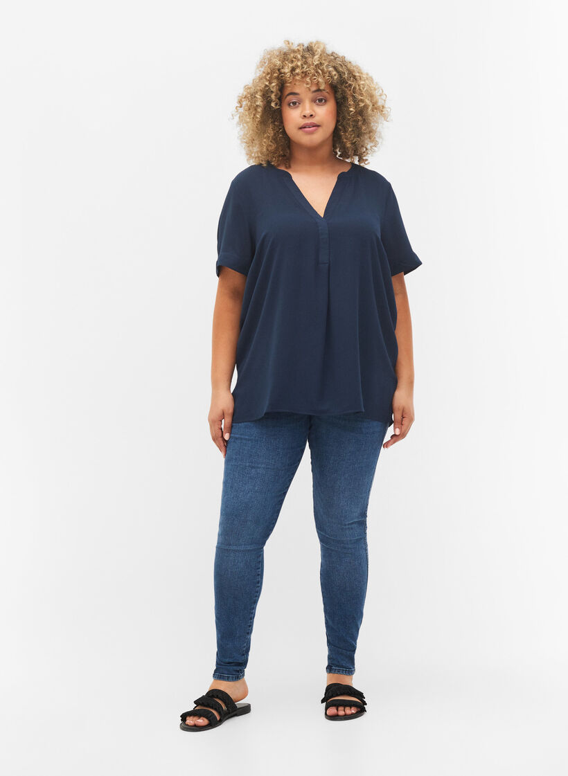 Kurzärmelige Bluse mit V-Ausschnitt, Blau, Model image number 1