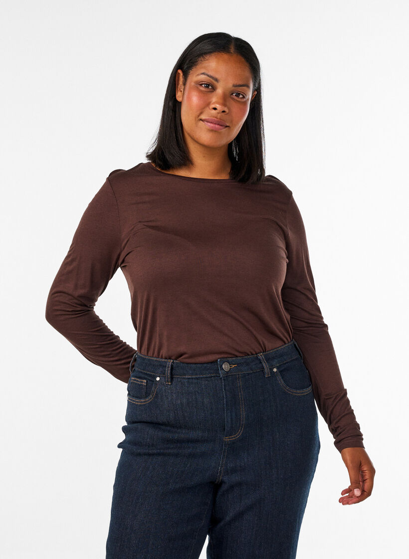 Lang&auml;rmelige Bluse aus Wolle und Viskose, Braun, Model image number 0