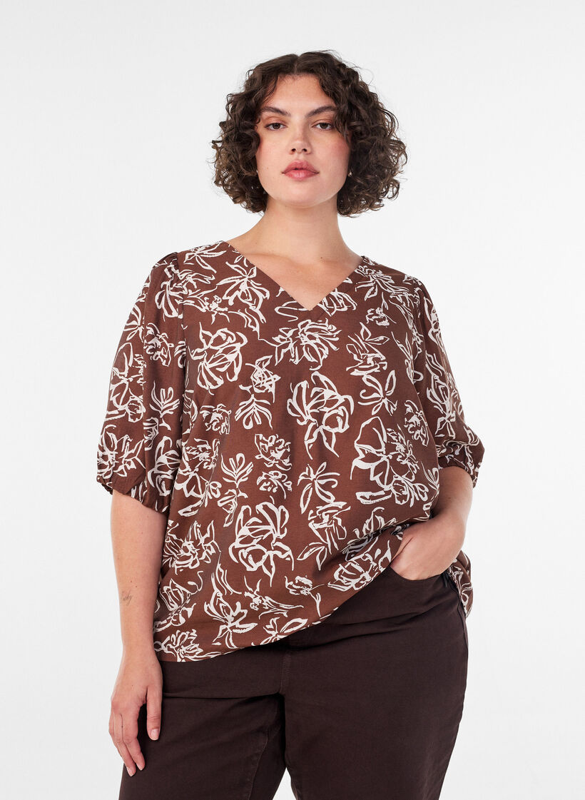 Bluse aus Viskose mit V-Ausschnitt, Braun, Image image number 0