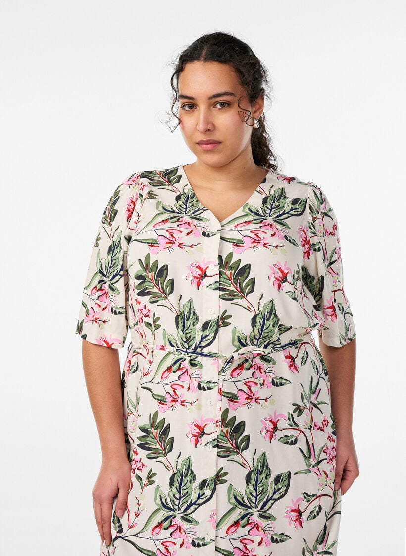 Midikleid mit Print und Bindeg&uuml;rtel, Vanille, Model image number 2
