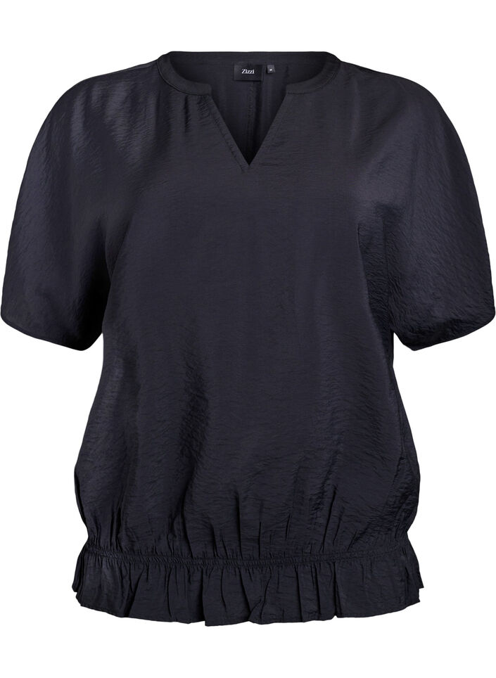 Bluse mit kurzen Ärmeln und einem gerüschten Saum, Schwarz, Packshot image number 0