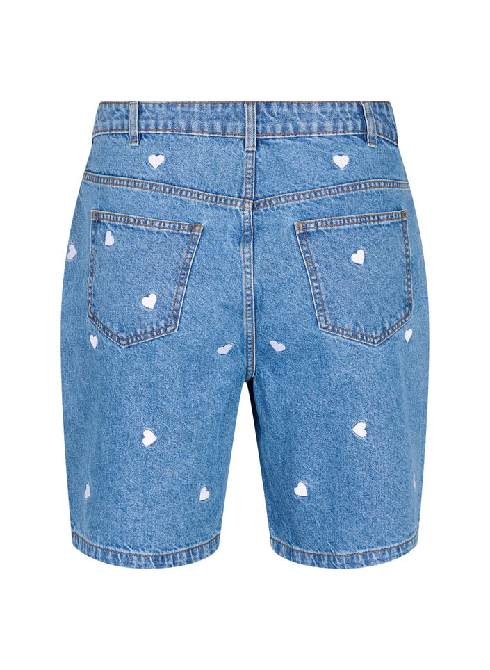 Denim-Shorts mit hoher Taille und mit Herzen bestickt, Blau, Packshot image number 1