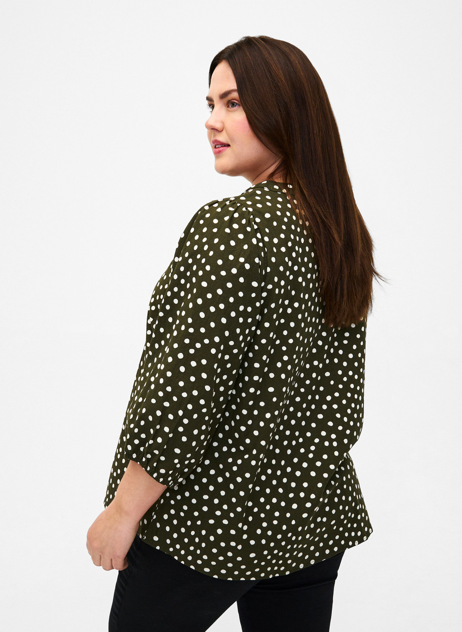 Zizzi Baumwollbluse mit 3/4-&Auml;rmeln und Punkten, Forest Night Dot, Model image number 1