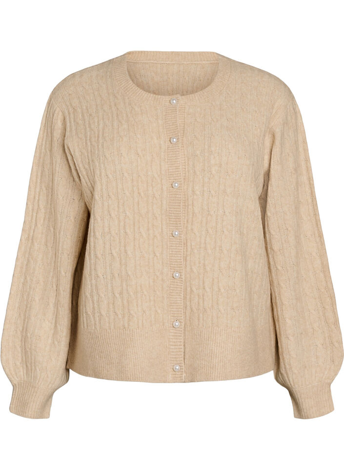 Strickjacke mit Zopfmuster und Perlenkn&ouml;pfen, Beige, Packshot image number 0